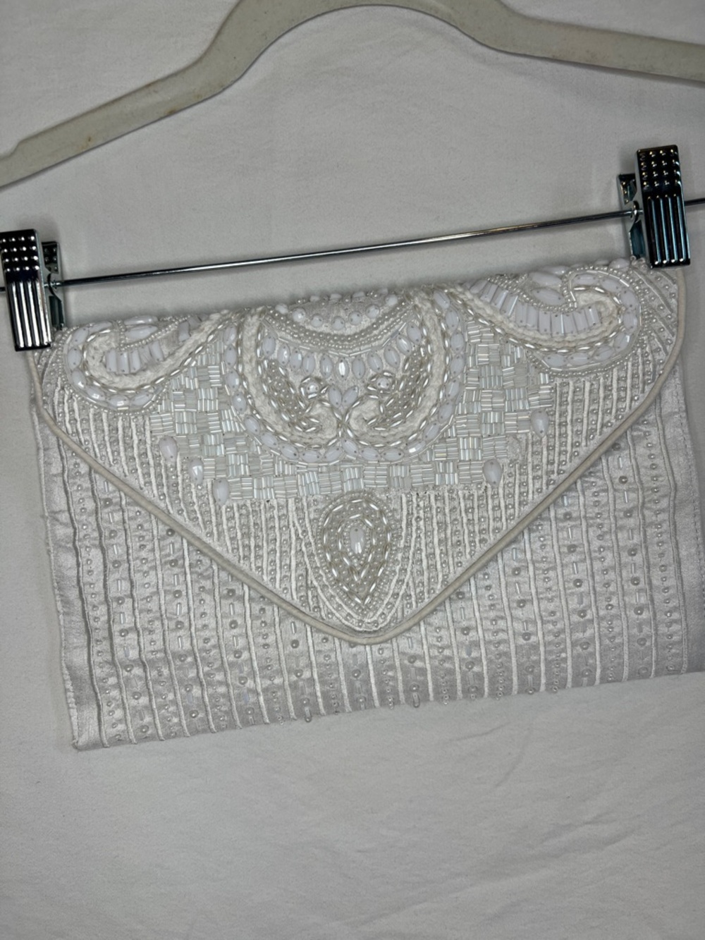 Bridal White Beaded Envelope Clutch with Gold Chain Strap - Picture 11 of 11